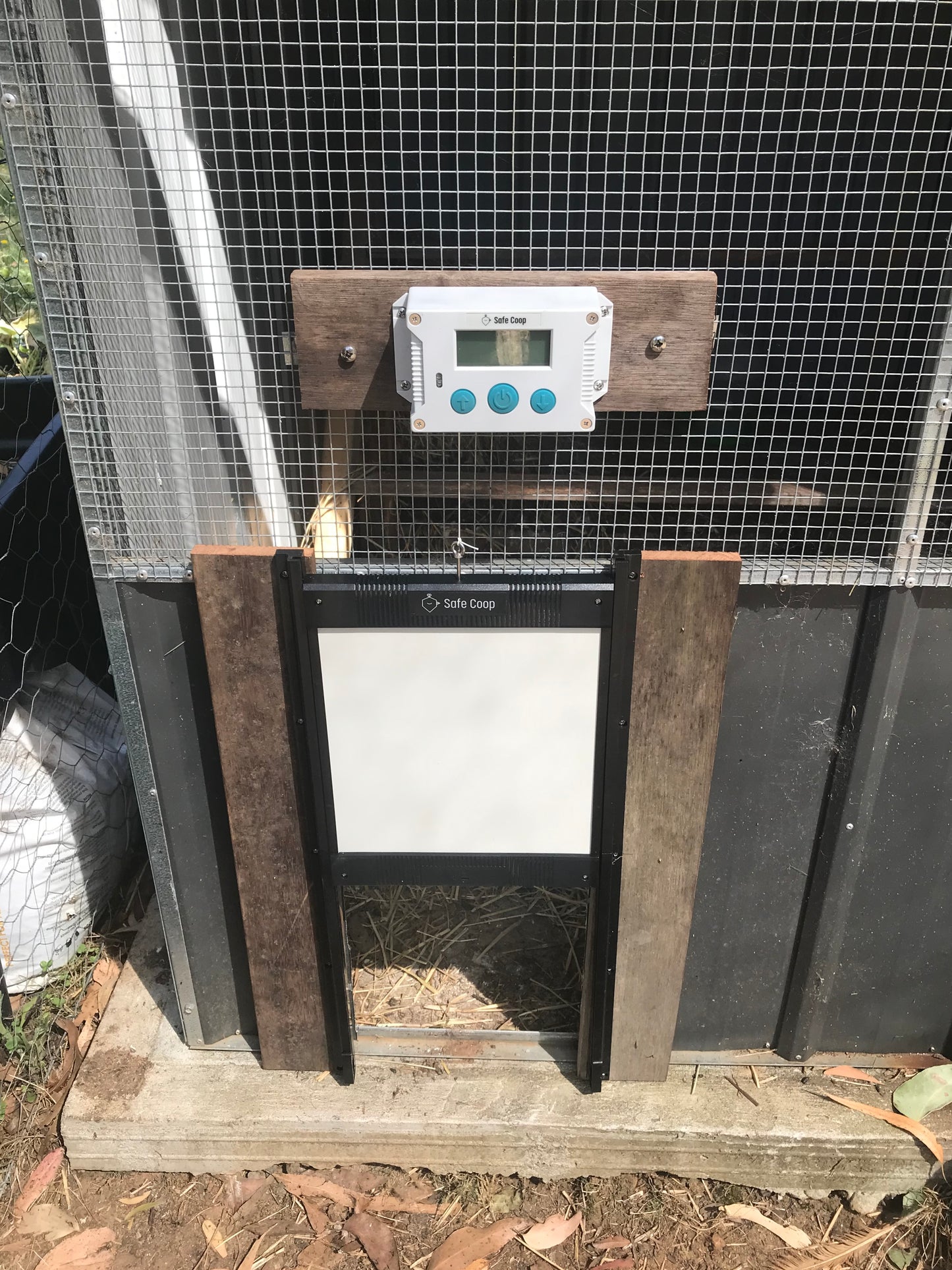 Safe Coop® automatic chicken door controller installed on a wire surface.