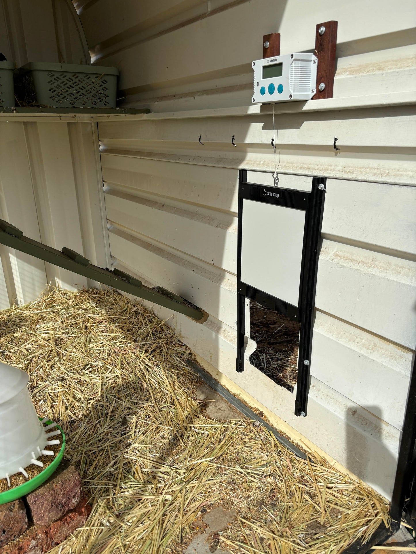 Safe Coop® automatic chicken door installed on a metal chicken coop.