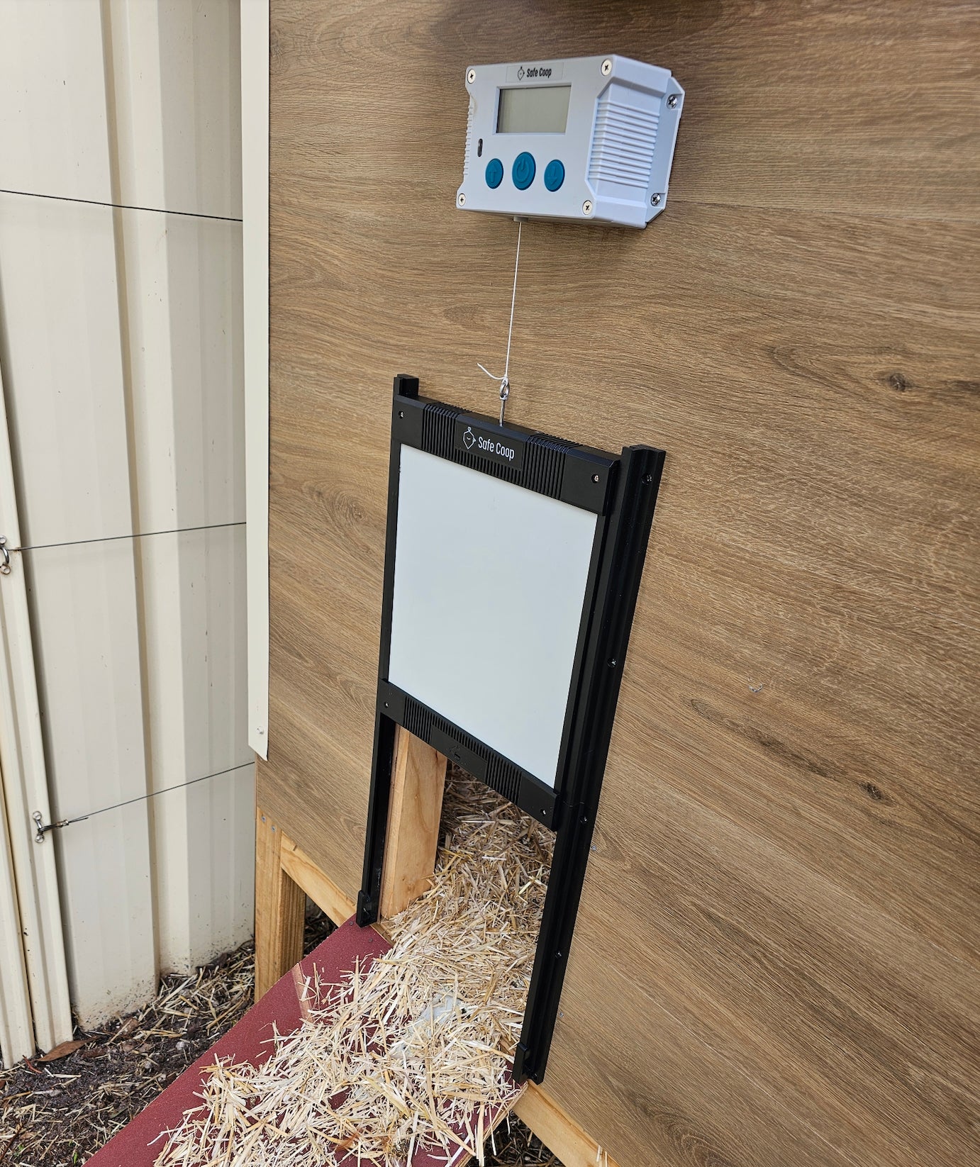 Safe Coop® automatic chicken door installed on a plywood chicken coop.